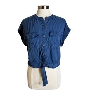 Bella Dahl Button Up Tie Front Navy Tencel Short Sleeve Top Women’s Size Medium‎